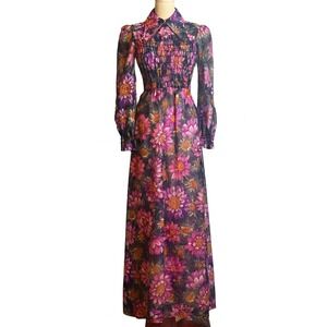 Vintage 1970s Floral Smocked Sheer Maxi Dress Fancy That Women's XS/S
